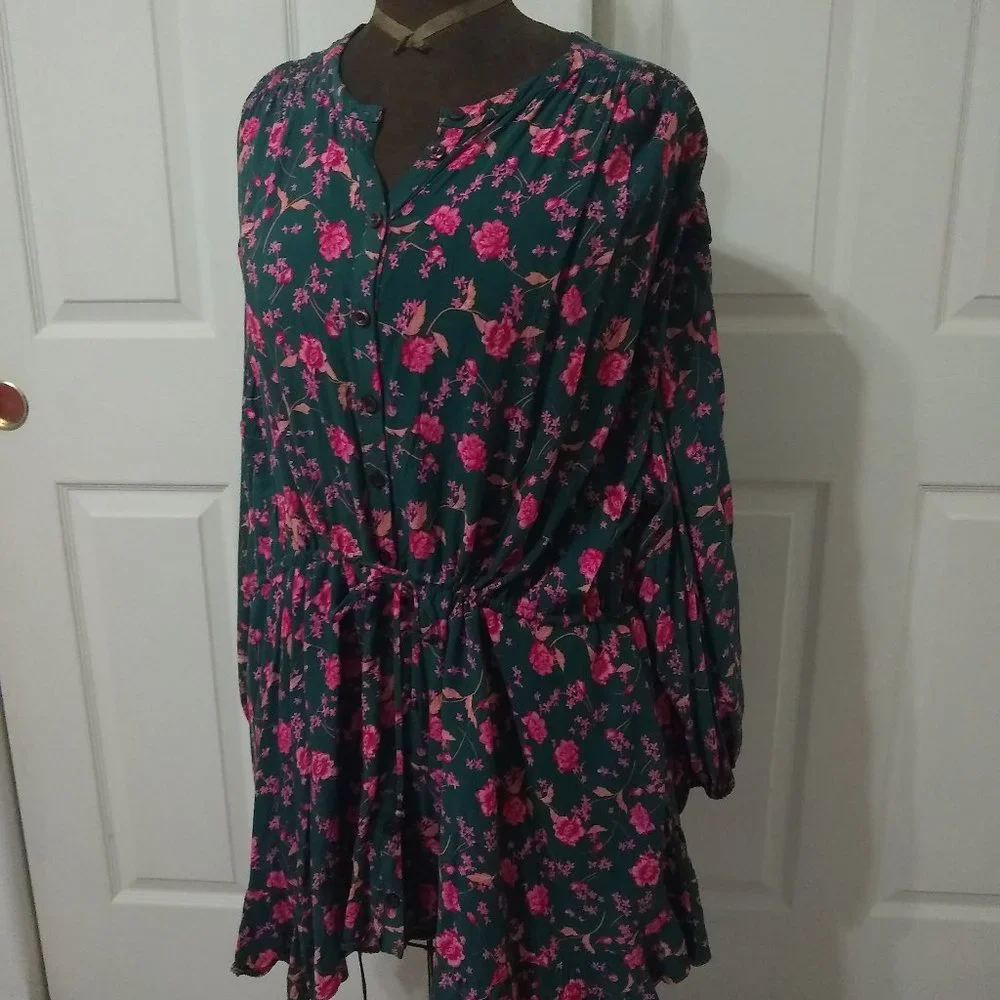 Free People Teal Floral Tunic Dress - Picture 1 of 4